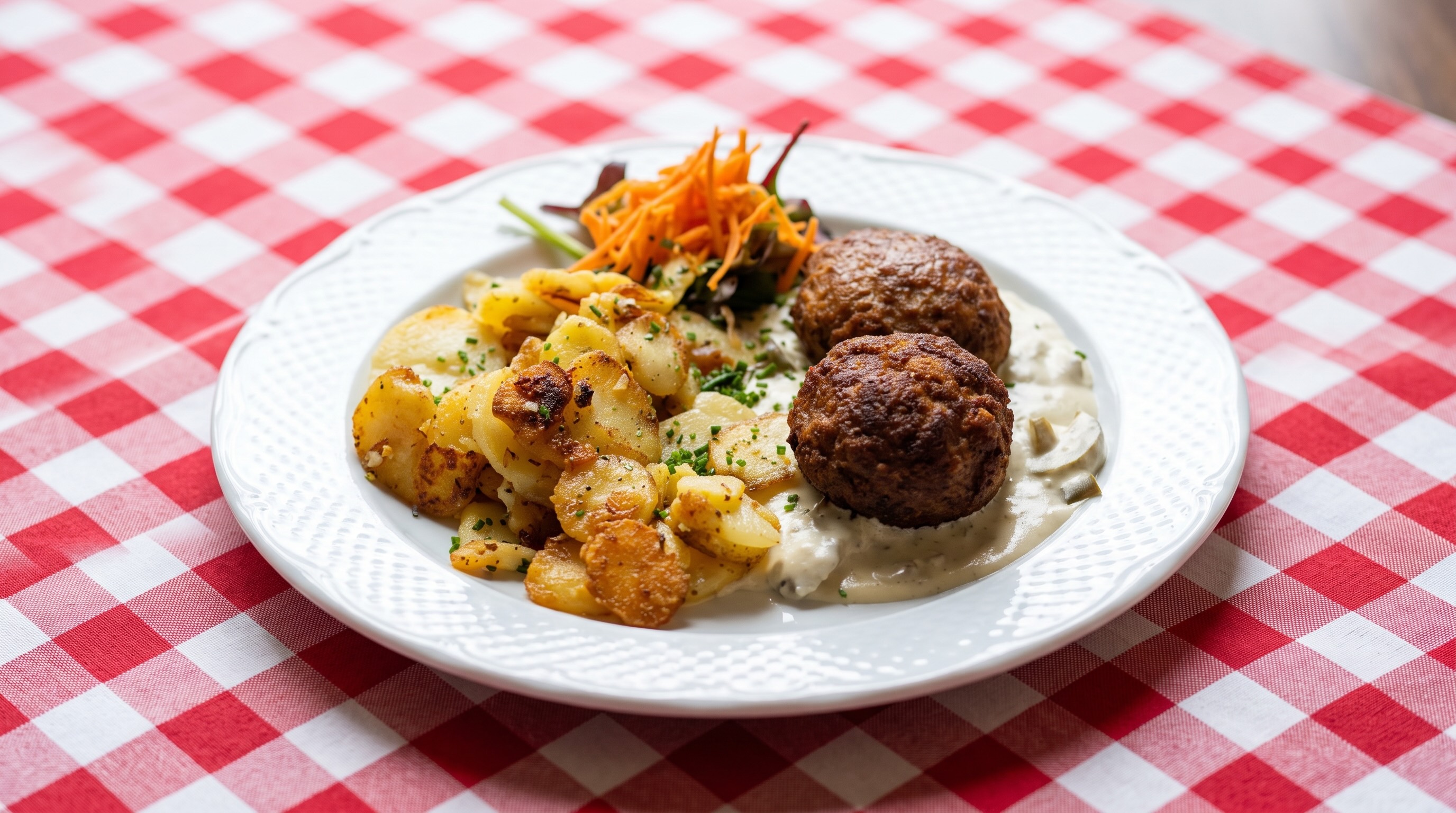 Zwei traditionelle Berliner Bouletten aus Havelländer Hack mit Bratkartoffeln